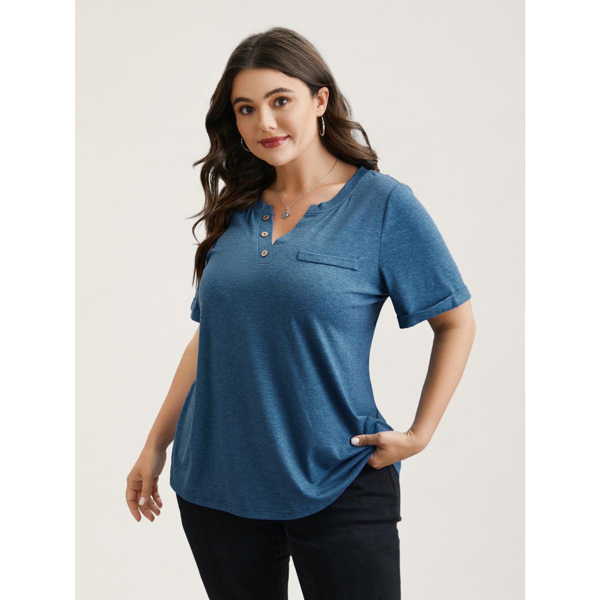 Plus Size Button-Front Half Sleeve Fitted T-Shirt Cerulean Women Leisure Roll Hem Notched collar Casual T-shirts BloomChic 28/5X Product Image