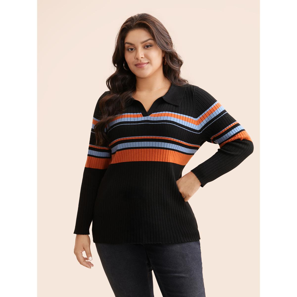 Plus Size Supersoft Essentials Colored Striped Polo Neck Pullover Black Women Casual Bodycon Long Sleeve Polo Everyday Pullovers BloomChic 10/M Product Image