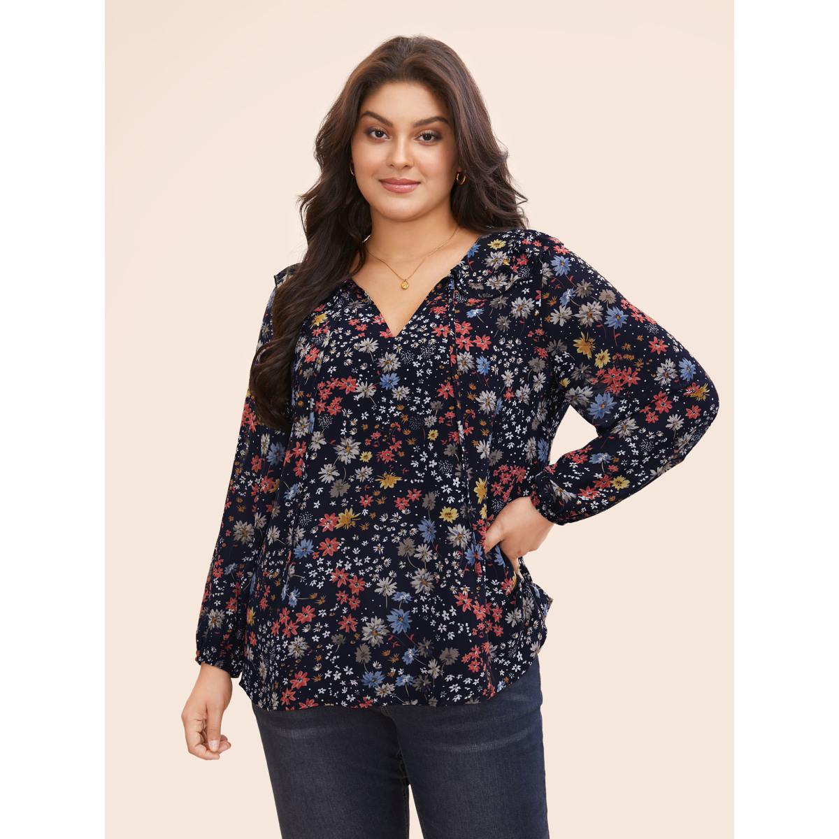 Plus Size Indigo Chiffon Floral Tie Knot Ruffle Trim Blouse Women Elegant Long Sleeve V-neck Everyday Blouses BloomChic 18-20/2X Product Image