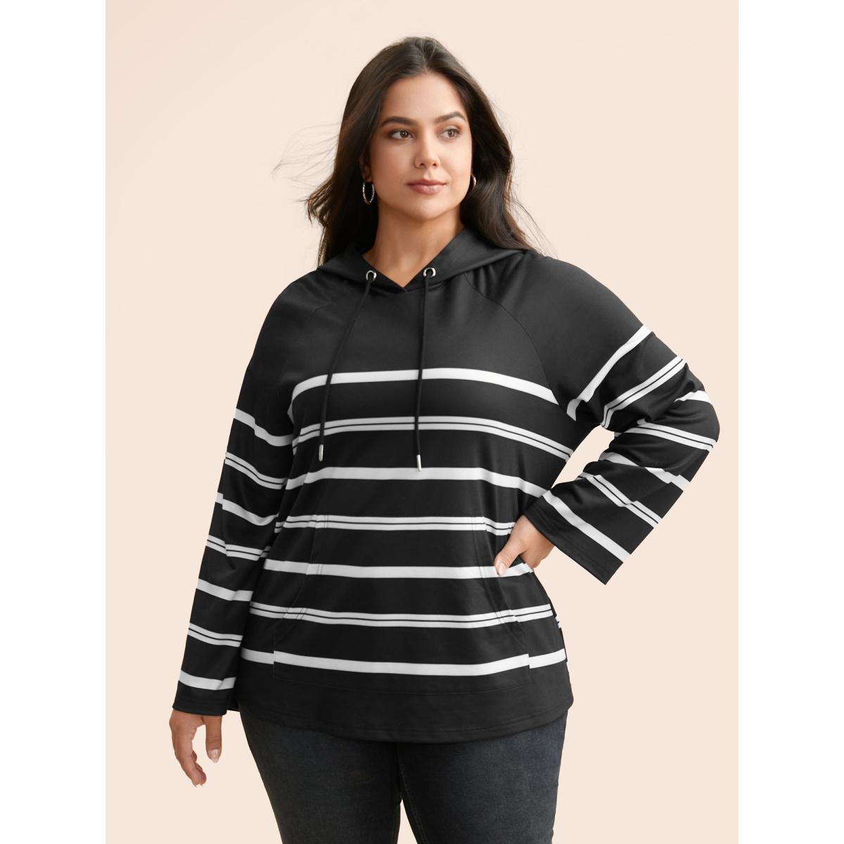 Plus Size Striped Hooded Drawstring Raglan Sleeve Sweatshirt Women Black Casual Eyelet Loose Hooded Everyday Sweatshirts BloomChic 12/L Product Image
