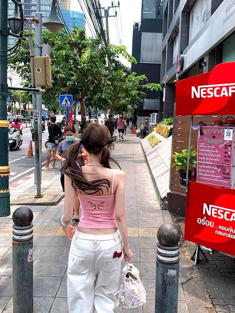 Square Neck Butterfly Cut Out Plain Crop Camisole Top Product Image