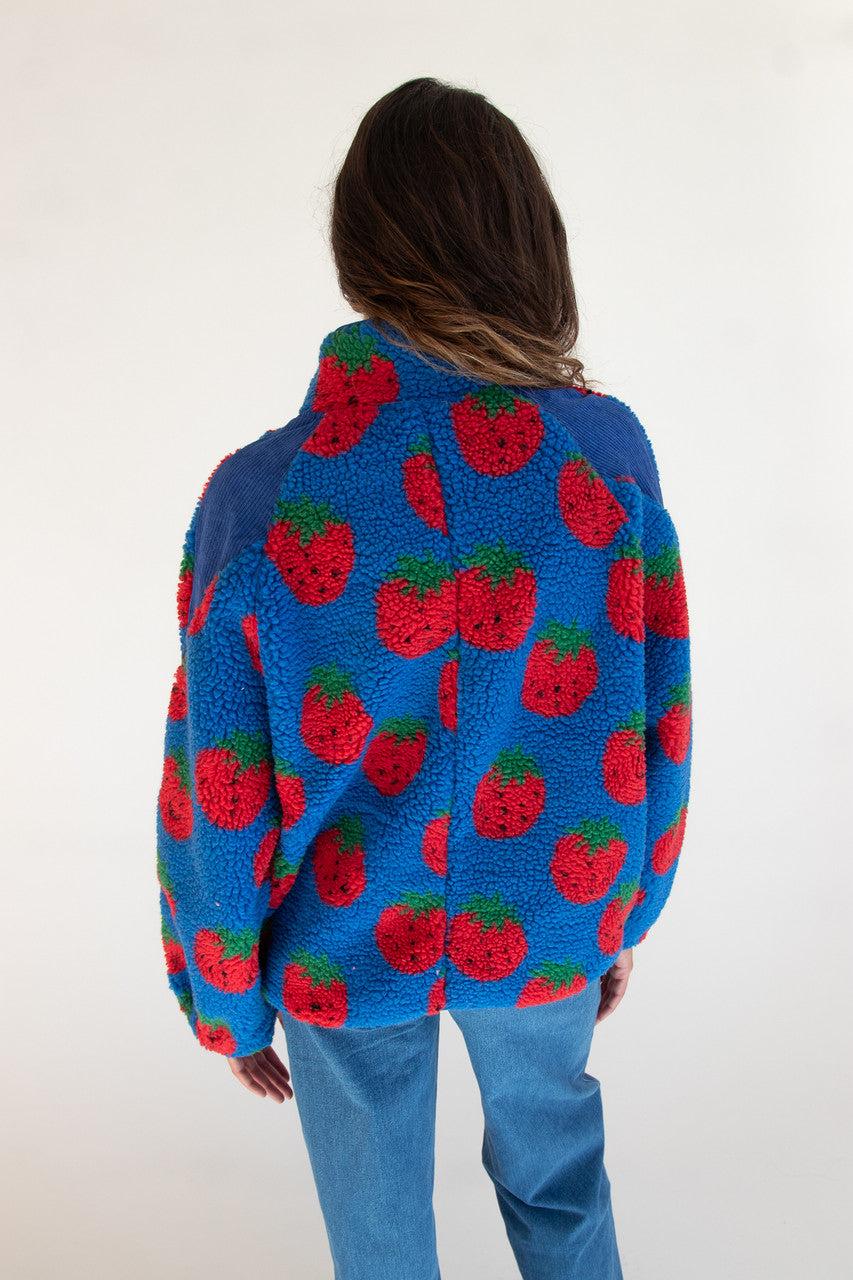 Fruit Pattern Corduroy Detail Faux Sherpa Jacket Product Image