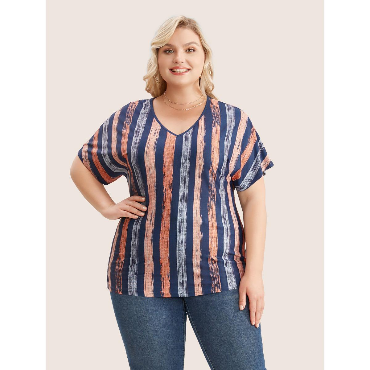 Plus Size Striped Contrast Dolman Sleeve V Neck T-shirt OrangeRed Women Casual Striped V-neck Everyday T-shirts BloomChic 26/4X Product Image