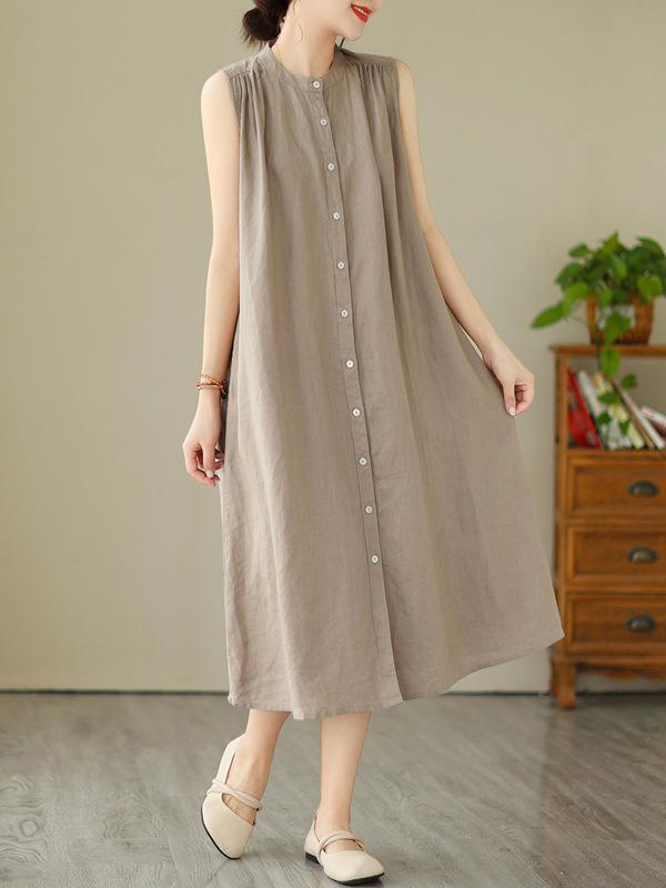 A-Line Sleeveless Buttoned Pleated Solid Color Round-Neck Midi Dresses Product Image