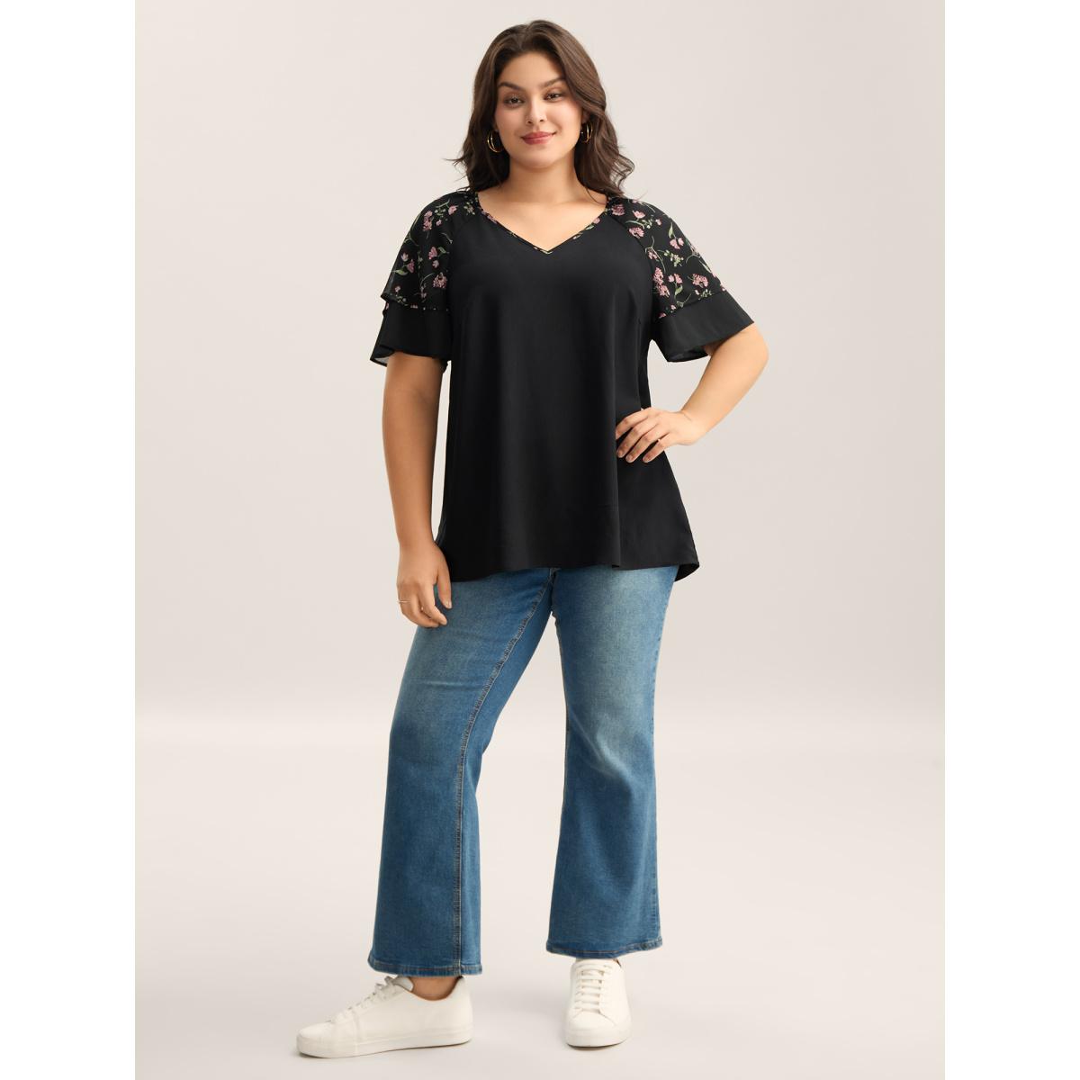 Plus Size Black Floral Layered Sleeve Solid Blouse Women Leisure Short sleeve V-neck Casual Blouses BloomChic 22-24/3X Product Image