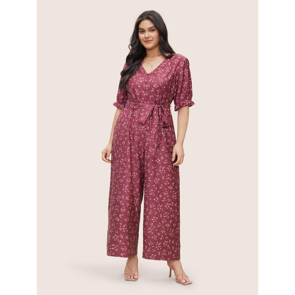 Plus Size DustyPink Ditsy Floral Flutter Trim Belted Button Detail Jumpsuit Women Elegant Half Sleeve V-neck Everyday Loose Jumpsuits BloomChic 30/6X Product Image