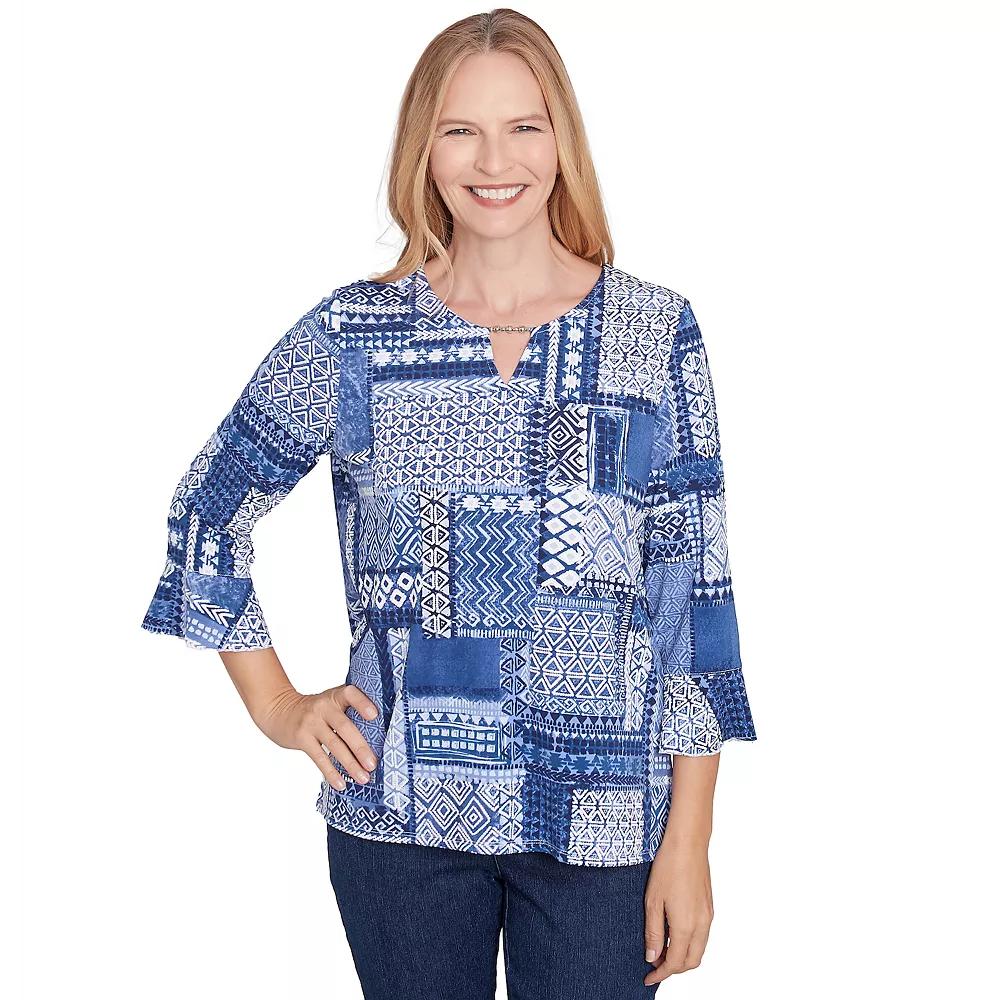 Petite Alfred Dunner Beaded Split Neck Patchwork Top, Women's, Size: Large Petite, Blue Product Image