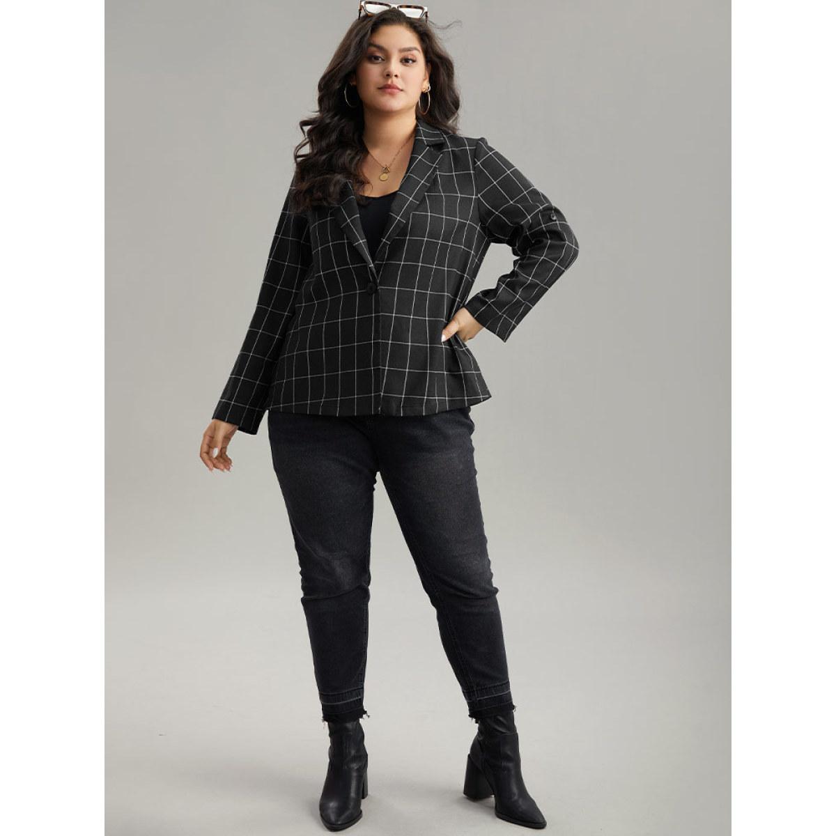Plus Size Plaid Suit Collar Tab Sleeve Button Up Blazer Black Women Dailywear Plaid Contrast Sleeve Long Sleeve Suit Collar 28/5X Casual Blazers BloomChic Product Image