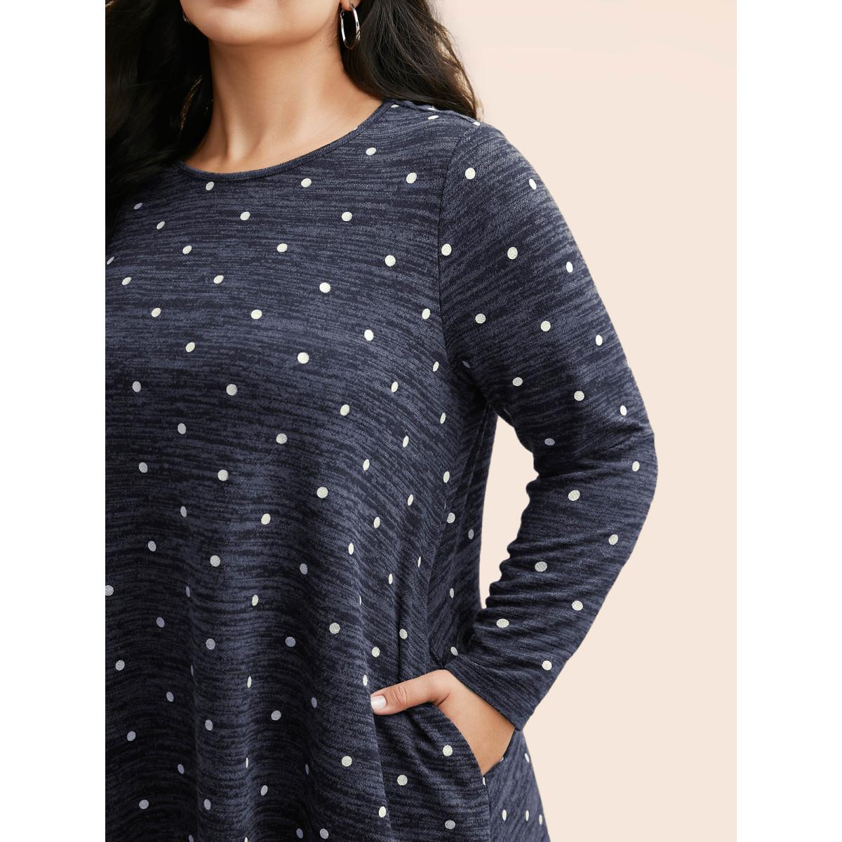 Plus Size Heather Polka Dot Pocket T-shirt DarkBlue Women Casual Non Round Neck Loose Everyday T-shirts BloomChic 30/6X Product Image