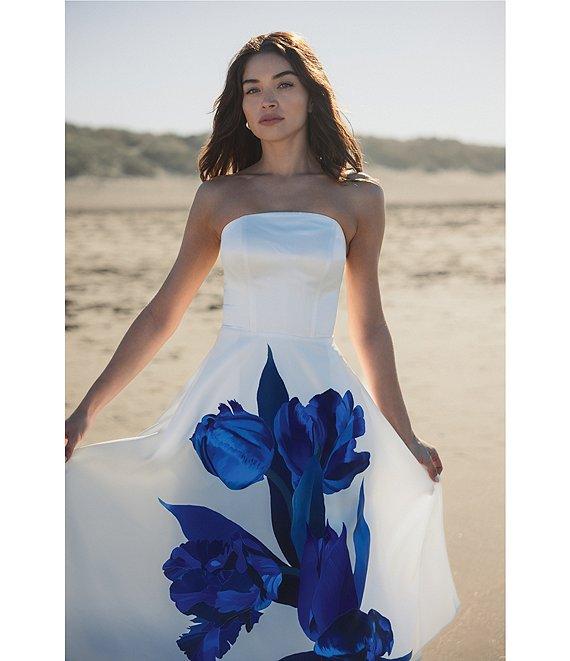 Mac Duggal Satin Placement Floral Print Strapless Neck Sleeveless A-Line Midi Dress Product Image