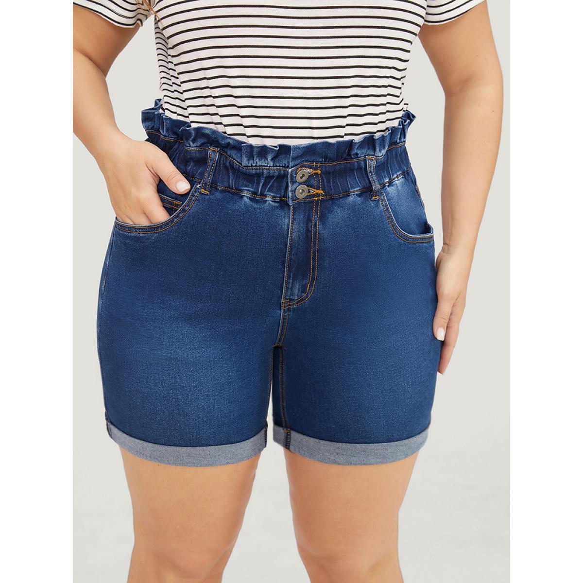 Plus Size Very Stretchy High Rise Medium Wash Paperbag Waist Denim Shorts Women Blue Casual Plain High stretch Pocket Jeans BloomChic 18/2X Product Image
