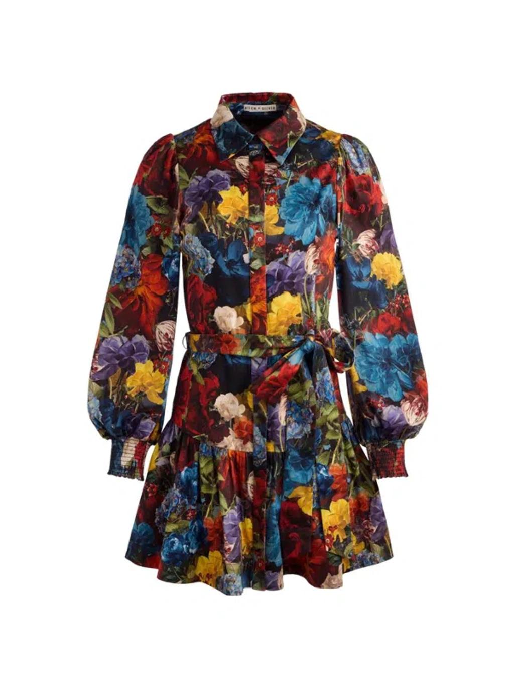 ALICE AND OLIVIA Lily Mini Shirt Dress In Flourish Sm In Multi Product Image