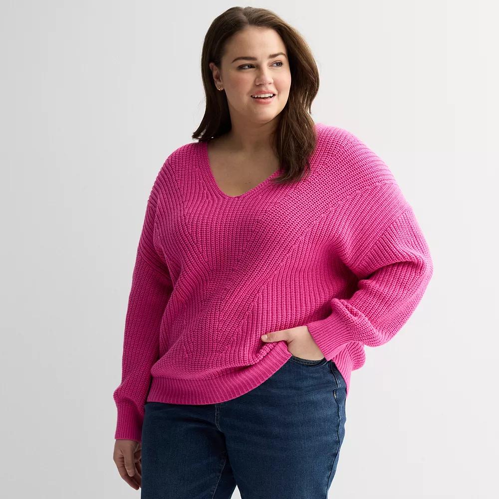 Plus Size Sonoma Goods For Life Mixed Stitch V-Neck Sweater, Women's, Size: 3XL, Pink Theme Product Image