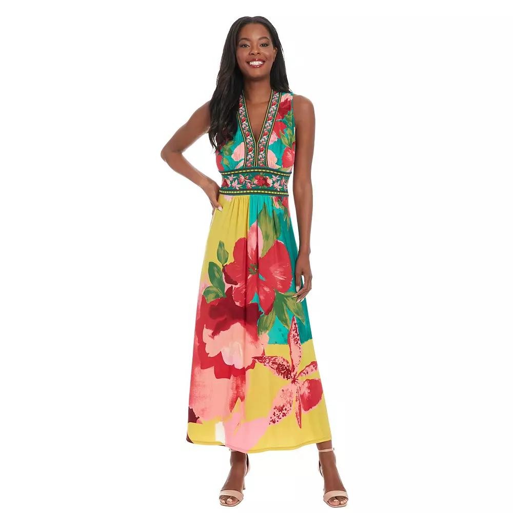 Women's London Times Floral Print Sleeveless V-Neck Flowy Maxi Dress, Size: 4, Pink Gold Product Image