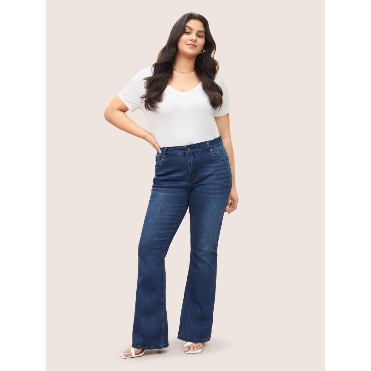 Plus Size Bootcut Very Stretchy Mid Rise Medium Wash Sculpt Waist Jeans Women LightBlue Elegant Plain Non High stretch Slanted pocket Jeans BloomChic 24/3X Product Image