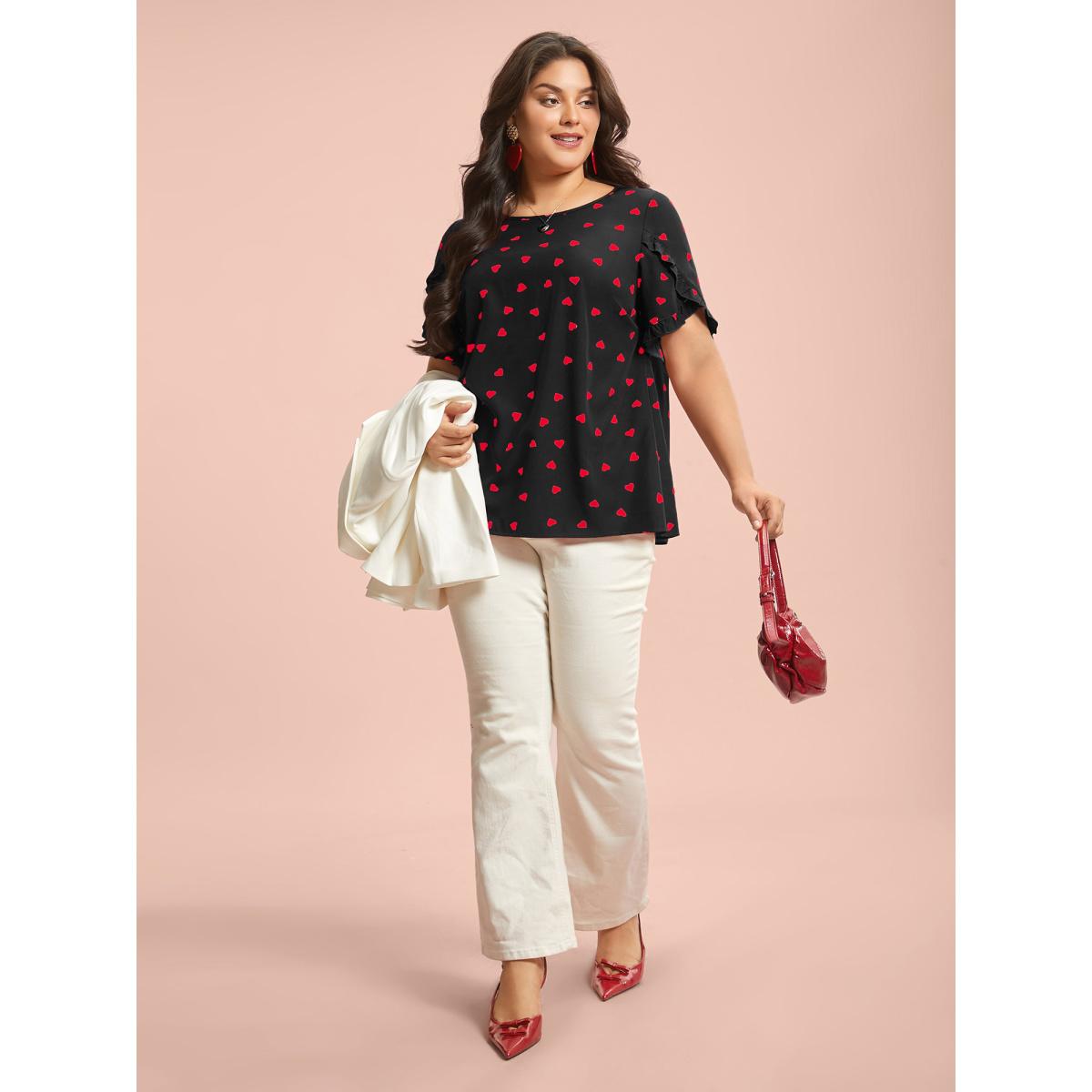 Plus Size Black Ruffled Overlap Sleeve Heart Pattern Blouse Women Elegant Short sleeve Round Neck Everyday Blouses BloomChic 28/5X Product Image