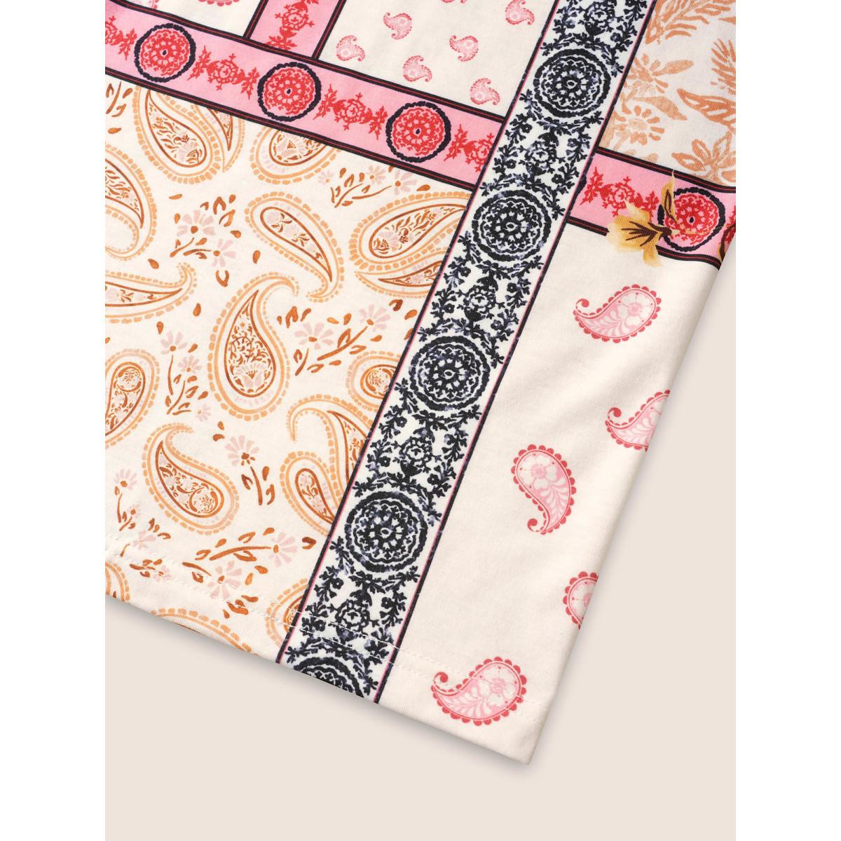 Plus Size Round Neck Boho Print Patchwork T-shirt Multicolor Women Casual Contrast Art&design Round Neck Everyday T-shirts BloomChic 10/M Product Image