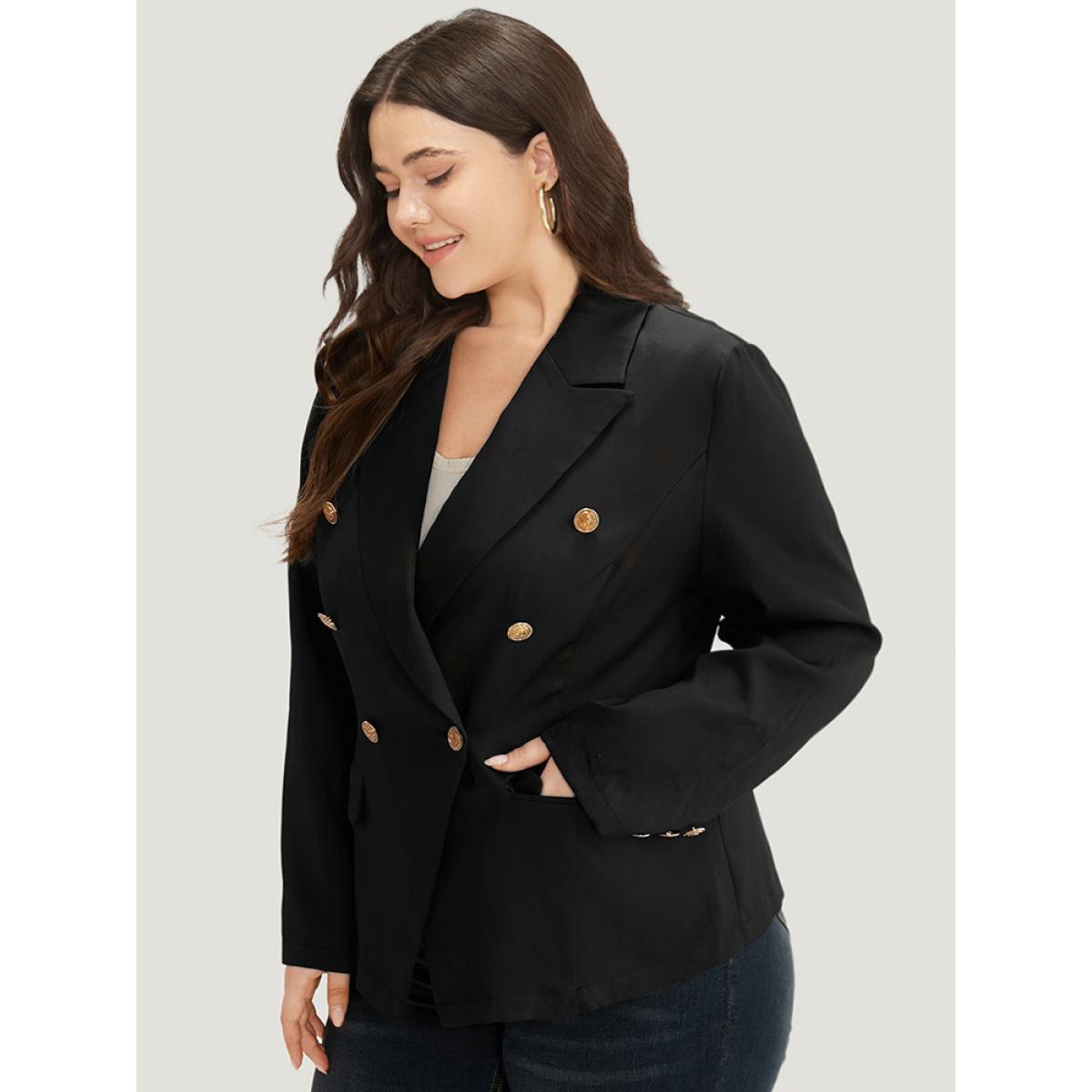 Plus Size Suit Collar Buckle Detail Pocket Blazer Black Women Office Plain Plain Sleeve Long Sleeve Suit Collar 22-24/3X Pocket Workwear Essentials Blazers BloomChic Product Image