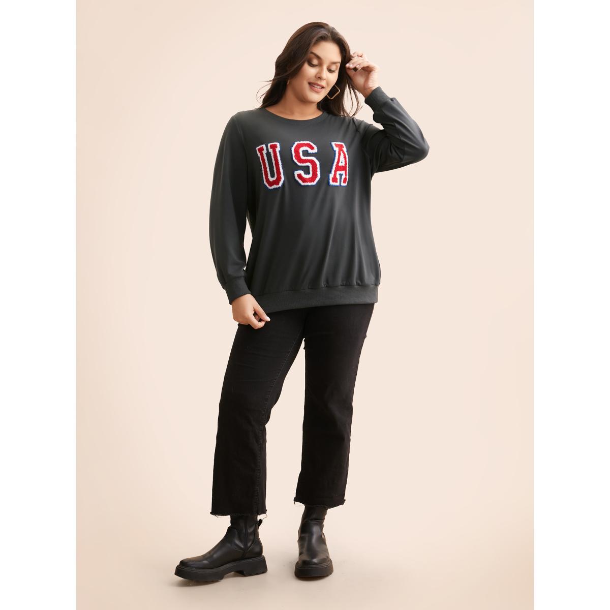 Plus Size USA Embroidered Patch Round Neck Sweatshirt Women DimGray Casual Contrast Loose Round Neck Everyday Sweatshirts BloomChic 22-24/3X Product Image