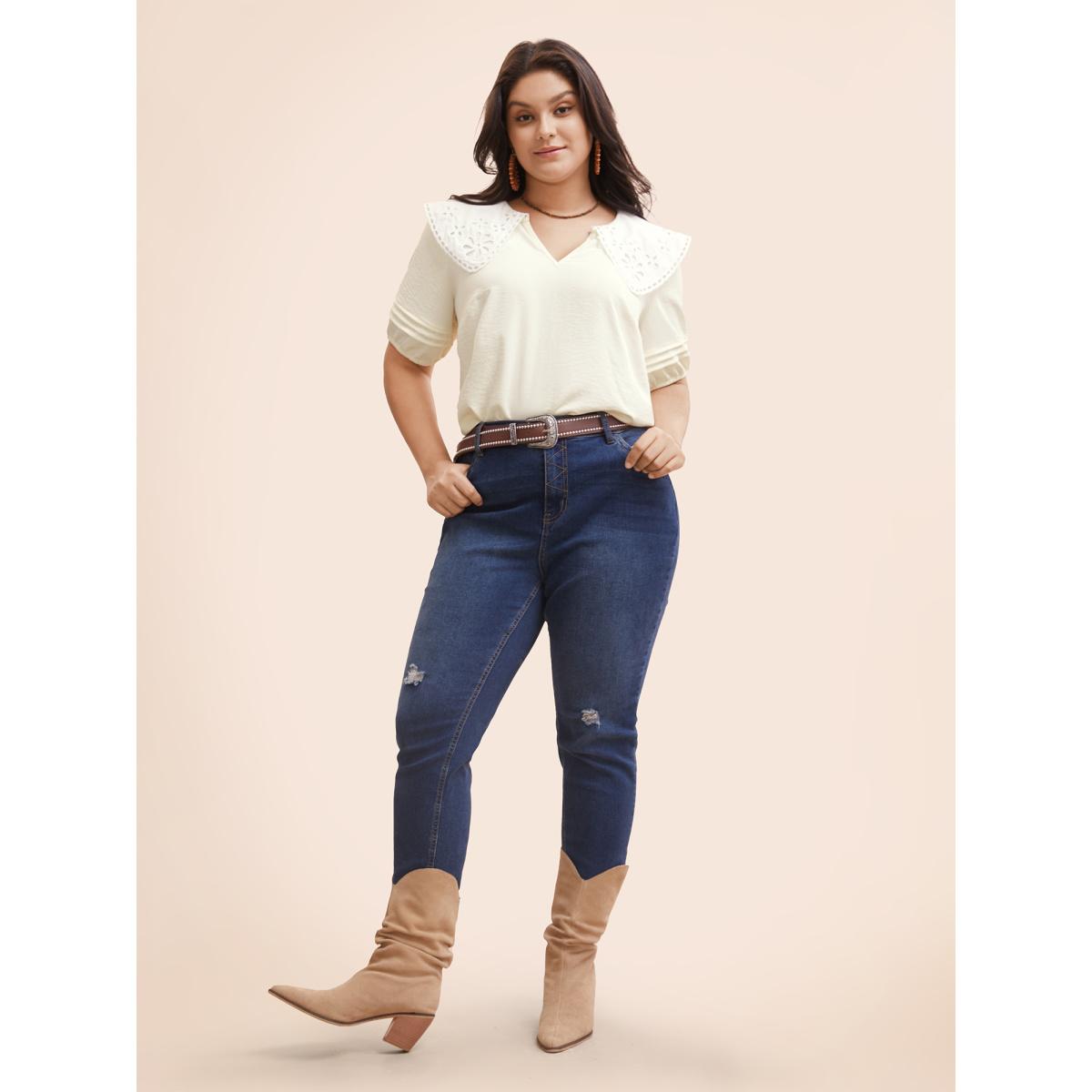 Plus Size Ivory Lace Collar Lantern Sleeve Pleated Blouse Women Resort Short sleeve Lace collar Vacation Blouses BloomChic 30/6X Product Image