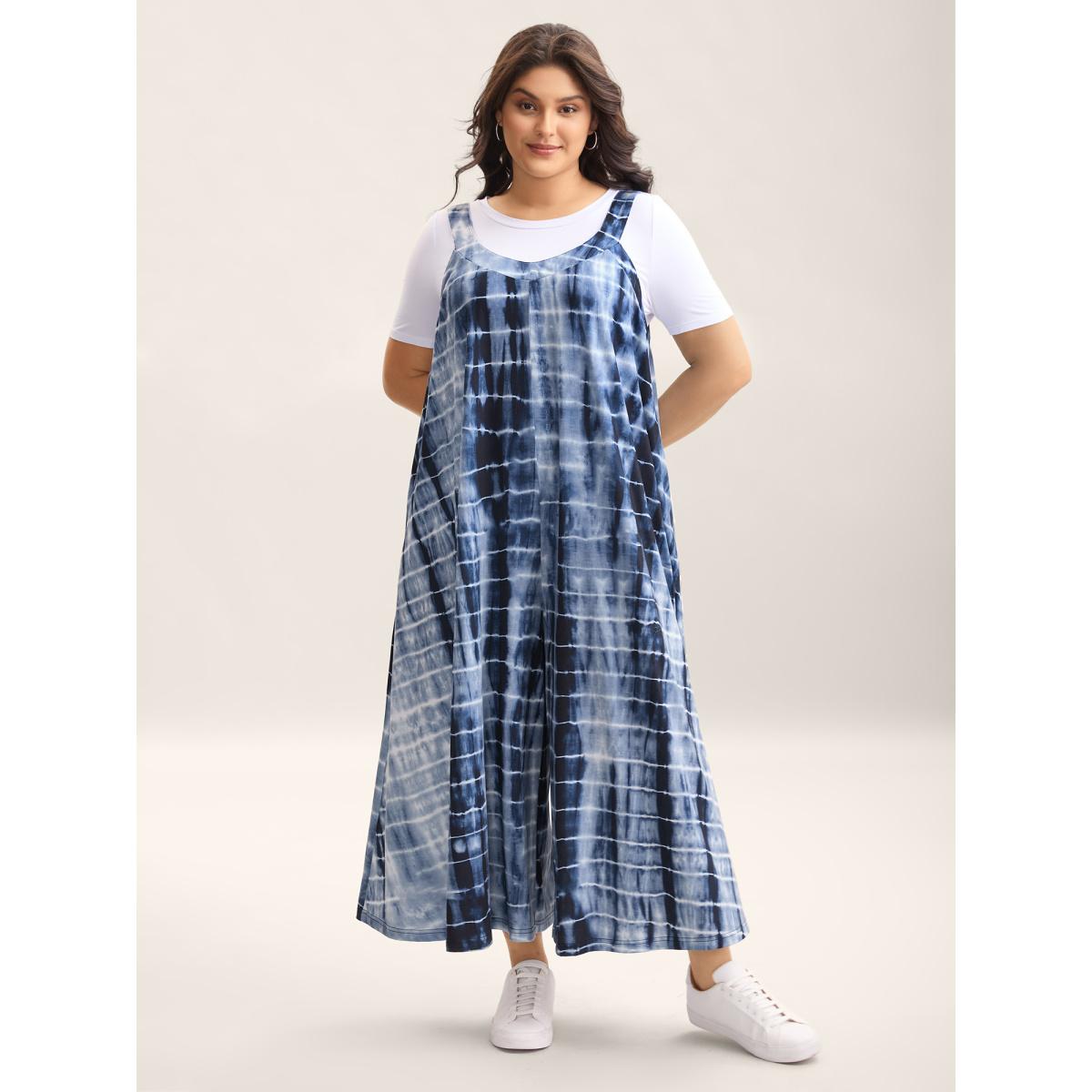 Plus Size DarkBlue Supersoft Tie-Dye Backless Jumpsuit Women Leisure Sleeveless Round Neck Casual Loose Jumpsuits BloomChic 28/5X Product Image