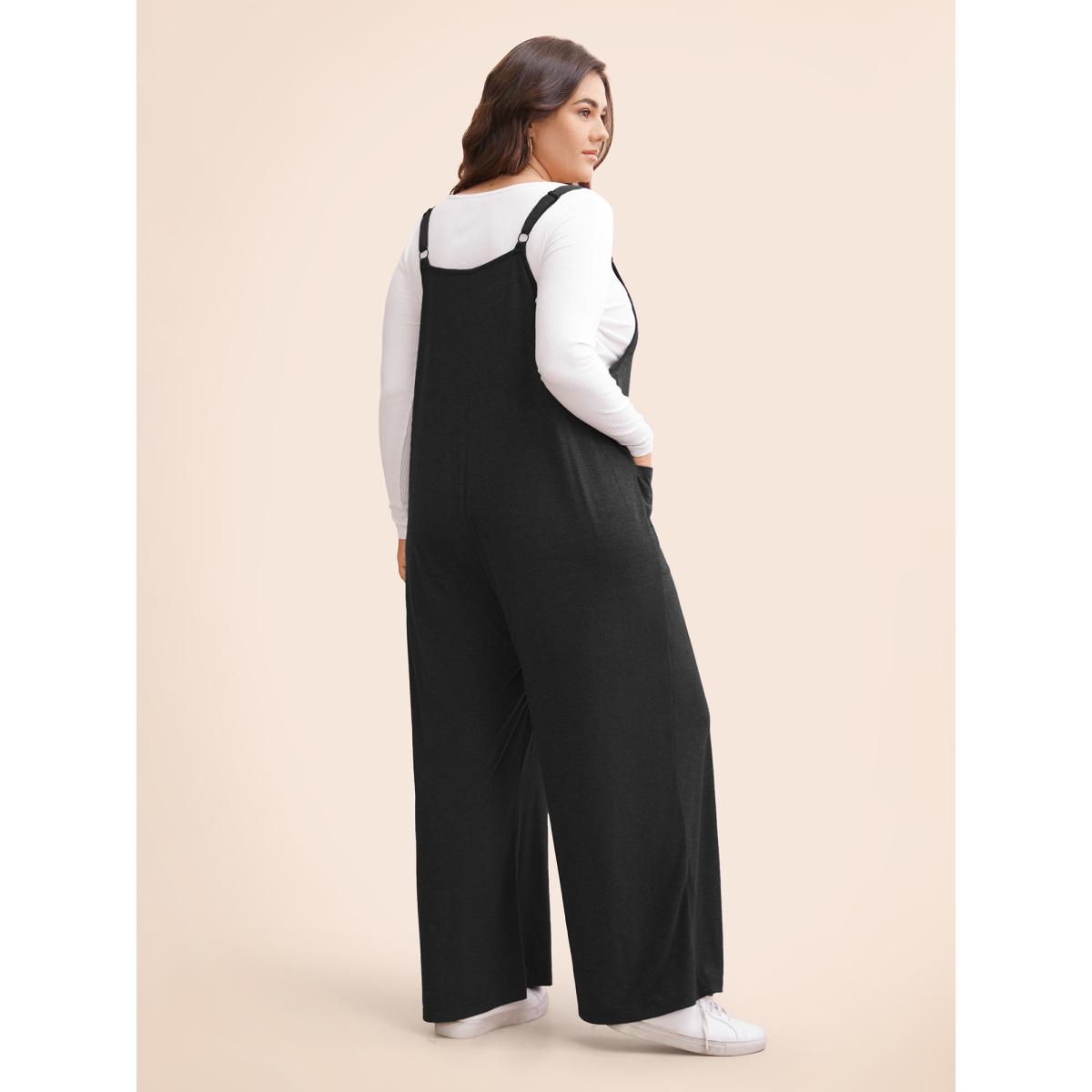 Plus Size Black Supersoft Essentials Solid Patched Pocket Overall Cami Jumpsuit Women Casual Sleeveless V-neck Dailywear Loose Jumpsuits BloomChic 22-24/3X Product Image