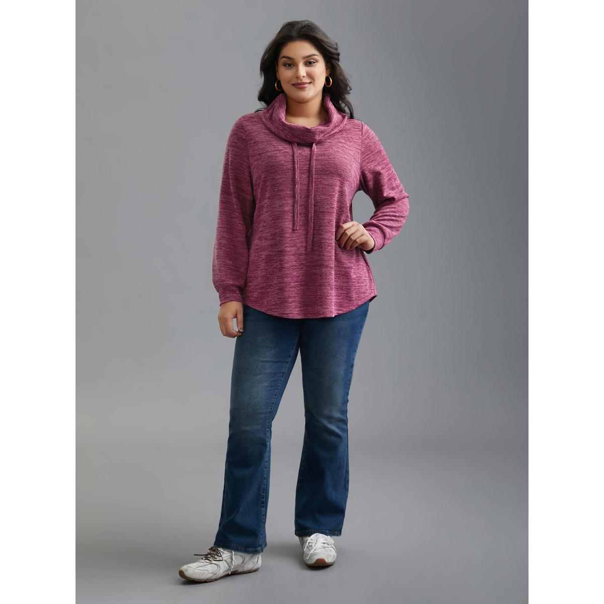 Plus Size Cowl Neck Plain Heather Drawstring Sweatshirt Women RedViolet Casual Drawstring Loose Ruffled collar Everyday Sweatshirts BloomChic 22-24/3X Product Image