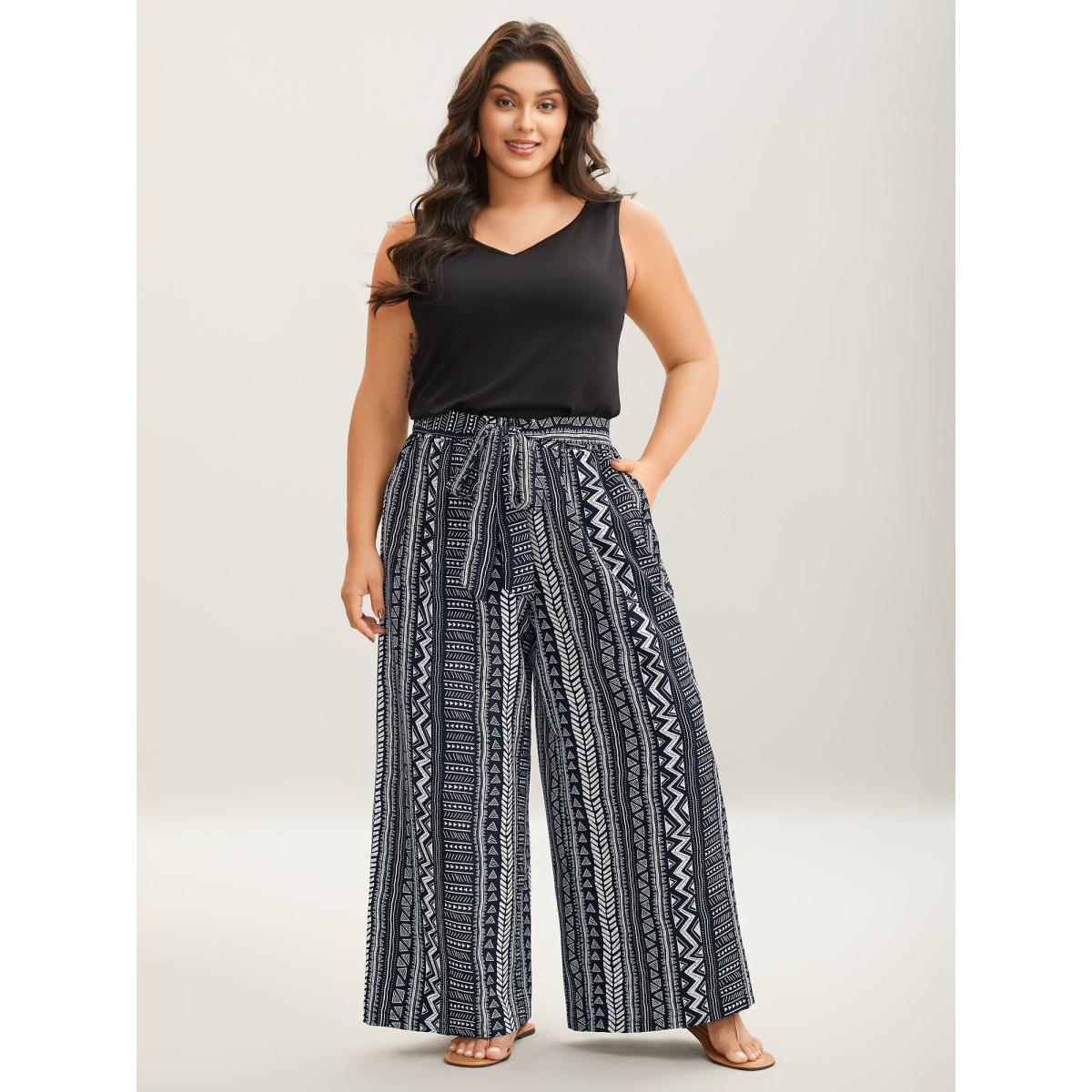 Plus Size Waist-Tie Wide-Leg Boho Print Pants Women Indigo Leisure Wide Leg Mid Rise Casual Pants BloomChic 18-20/2X Product Image