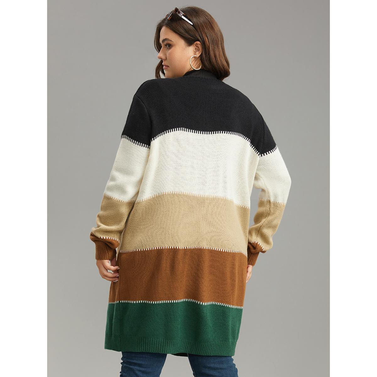 Plus Size Colorblock Patchwork Elastic Cuffs Open Front Cardigan Multicolor Women Casual Loose Long Sleeve Dailywear Cardigans BloomChic 18-20/2X Product Image
