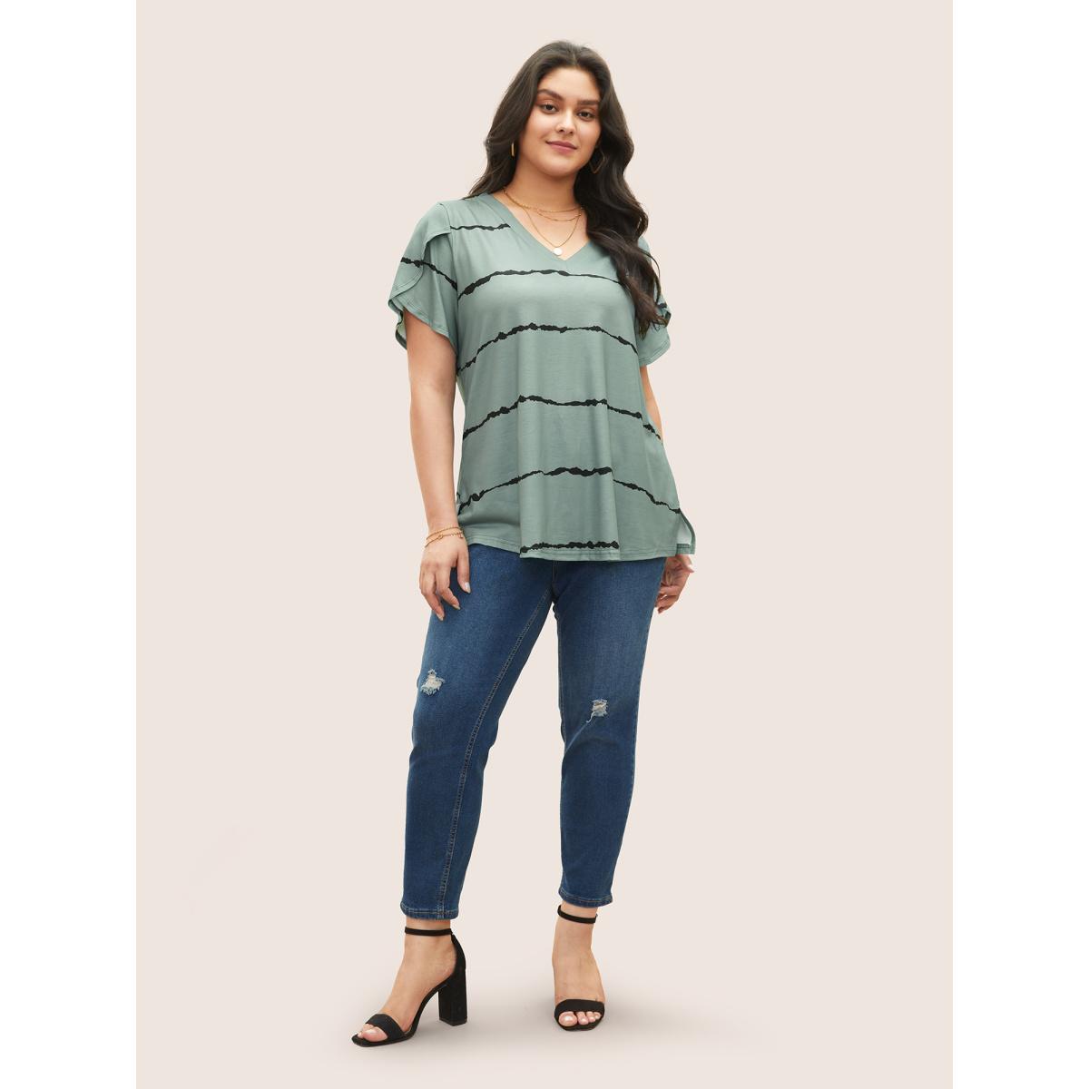 Plus Size Striped Contrast Petal Sleeve T-shirt Mint Women Elegant Striped Everyday T-shirts BloomChic 12/L Product Image