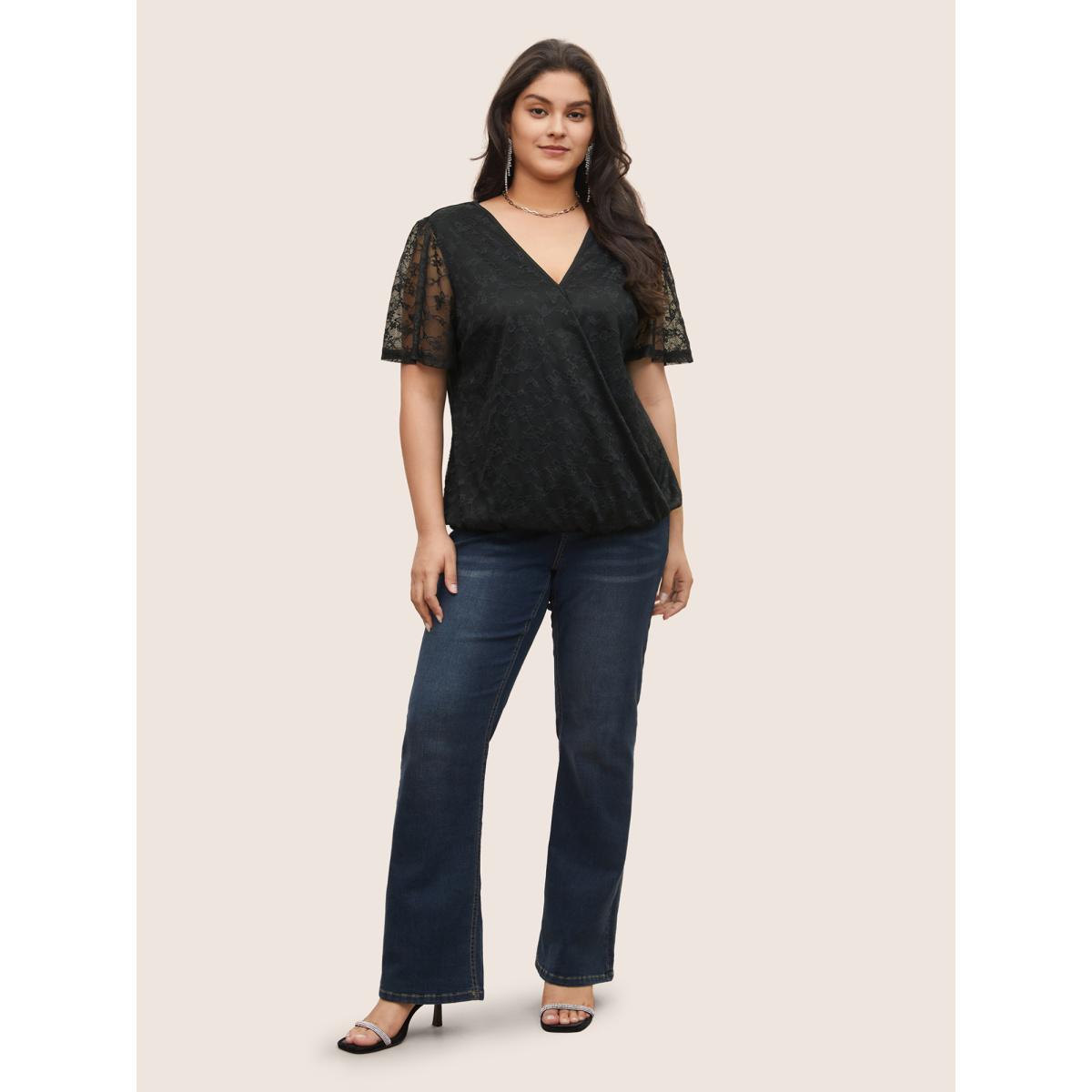 Plus Size Black Overlap Collar Mesh Patchwork Lace Insert Blouse Women Cocktail Short sleeve Overlap Collar Party Blouses BloomChic 14-16/1X Product Image