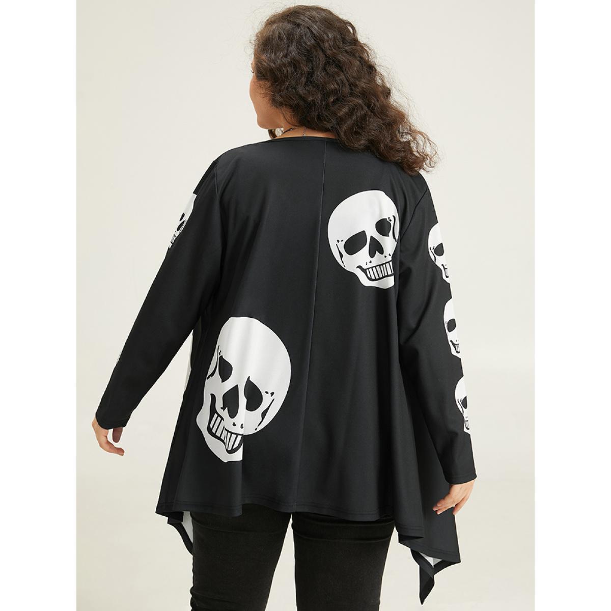 Plus Size Halloween Skull Print Asymmetrical Hem Drape Kimono Women Black Casual Drape Loose Dailywear Kimonos BloomChic 14-16/1X Product Image