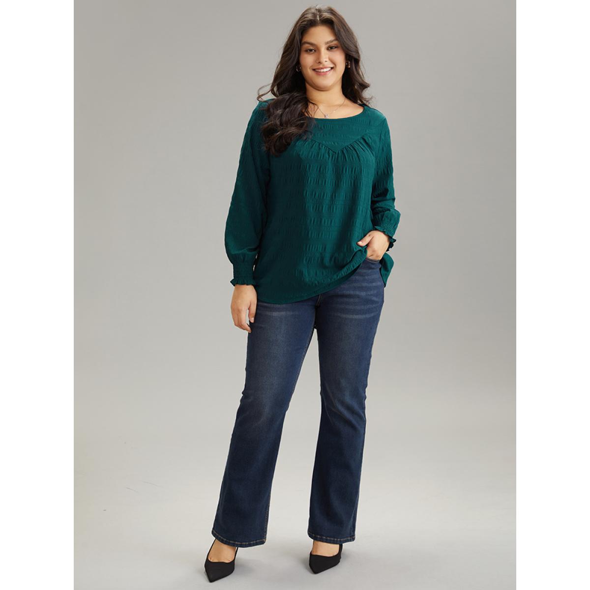 Plus Size Cyan Plain Textured Shirred Gathered Blouse Women Elegant Long Sleeve Round Neck Dailywear Blouses BloomChic 18-20/2X Product Image