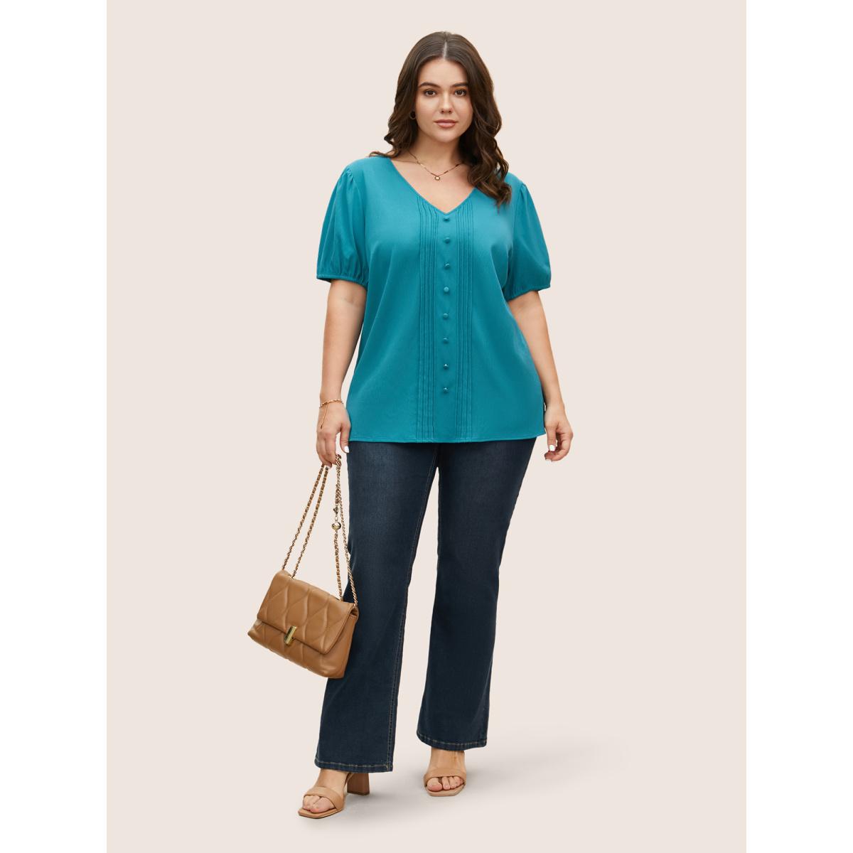Plus Size Cerulean V Neck Button Detail Pleated Split Hem Blouse Women Casual Short sleeve V-neck Everyday Blouses BloomChic 30/6X Product Image