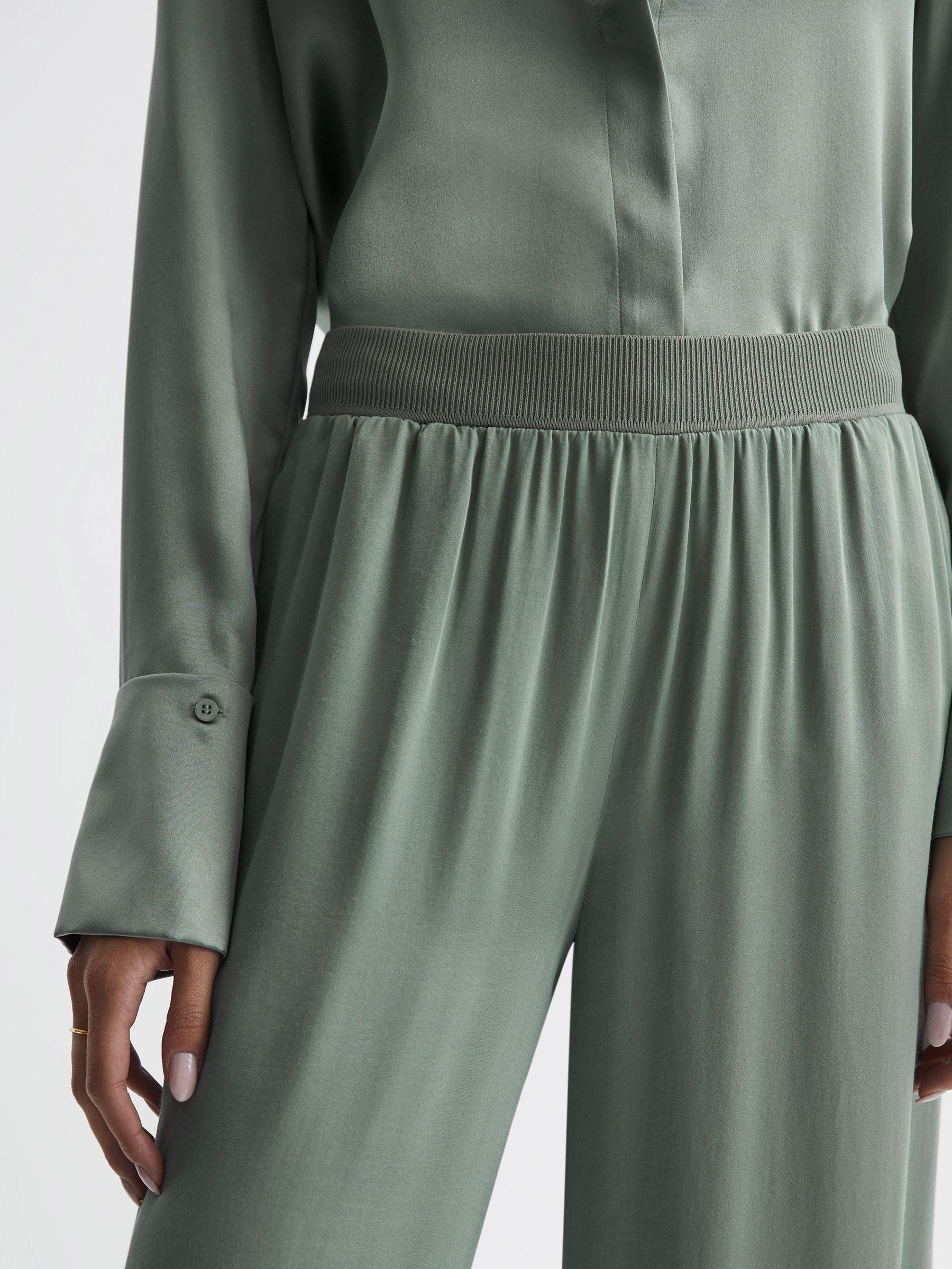 Petite Wide Leg Elasticated Waist Trousers in Sage Product Image