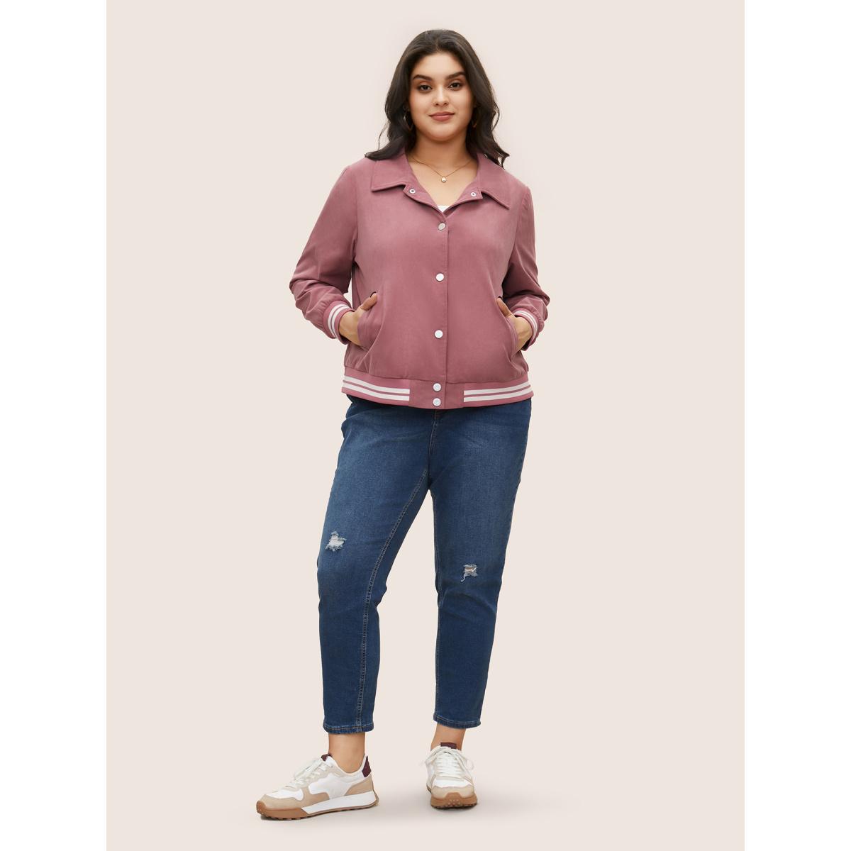 Plus Size Contrast Trim Button Through Rib Knit Jacket Women DustyPink Non Slanted pocket Everyday Jackets BloomChic 22-24/3X Product Image