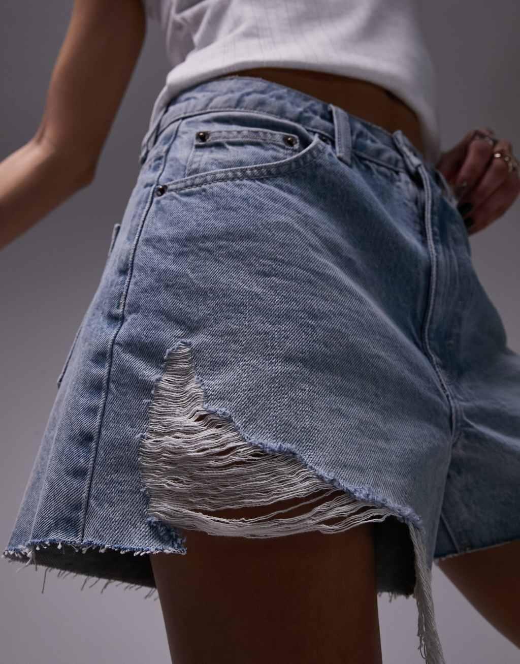 Topshop denim a-line Mom Shorts with rip in vintage blue  Product Image