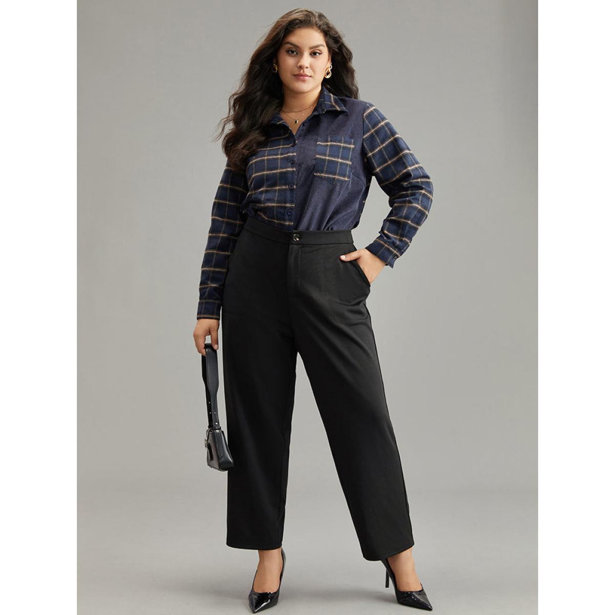 Plus Size Plain Elastic Waist Pocket Mid Rise Pants Women Black Office Mid Rise Office Pants BloomChic 12/L Product Image