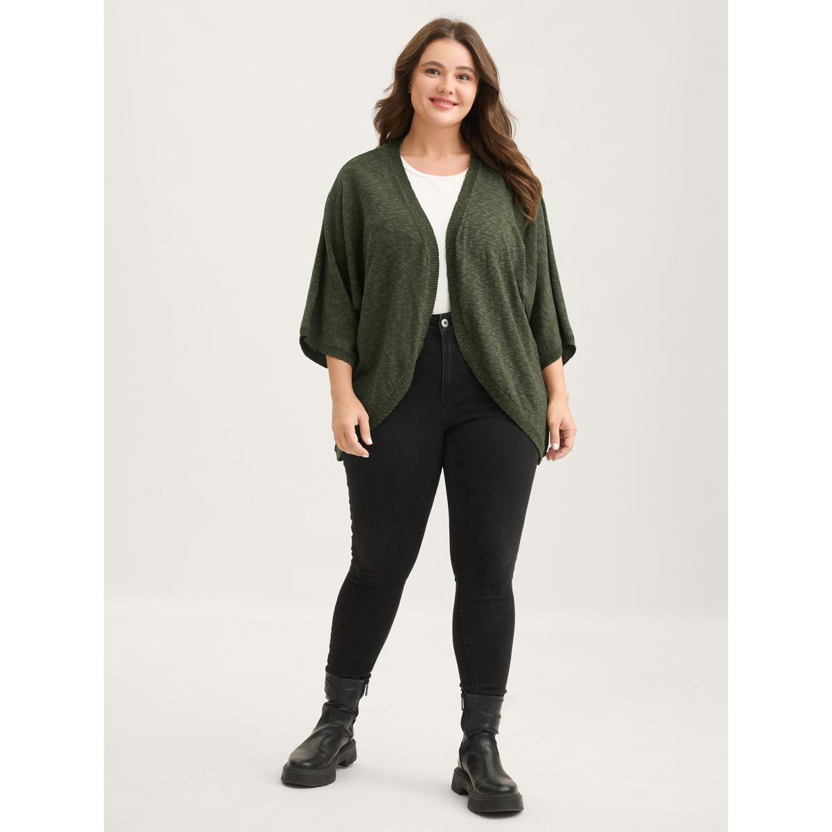 Plus Size Curvy Hem Solid Open-Front Lightweight Cardigan ArmyGreen Women Leisure Loose Half Sleeve Casual Cardigans BloomChic 10/M Product Image