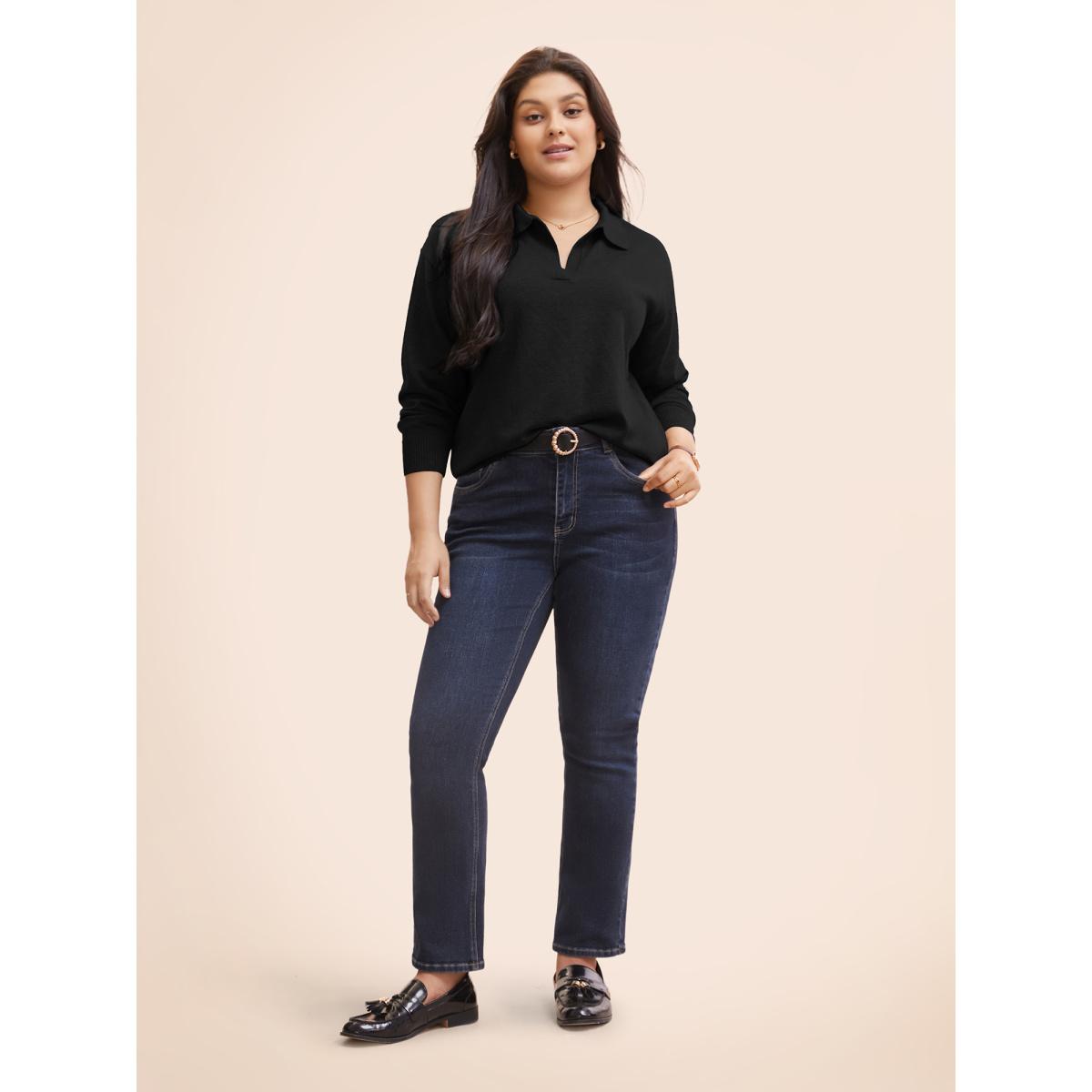 Plus Size Polo Neck Drop Shoulder Sleeve Soft Pullover Black Women Casual Long Sleeve Polo Everyday Pullovers BloomChic 26/4X Product Image