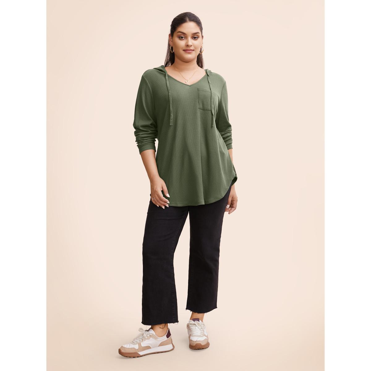 Plus Size Waffle Knit Pocket Hooded Drawstring Arc Hem T-shirt Purple Women Casual Texture Plain Hooded Everyday T-shirts BloomChic 22-24/3X Product Image