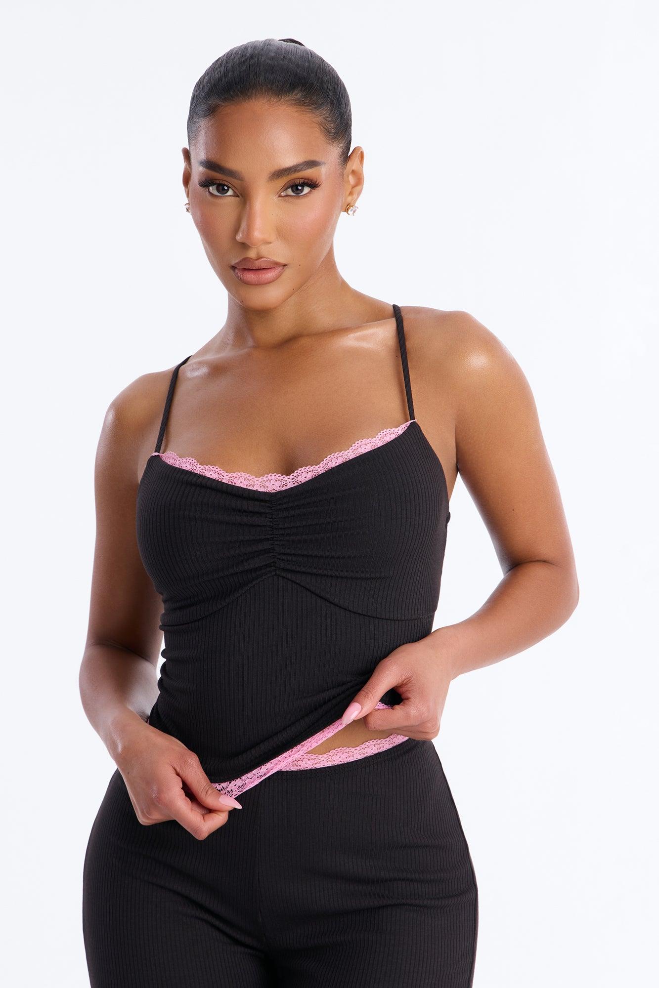 Layla Double Lined Ribbed Capri Set - Black Female Product Image