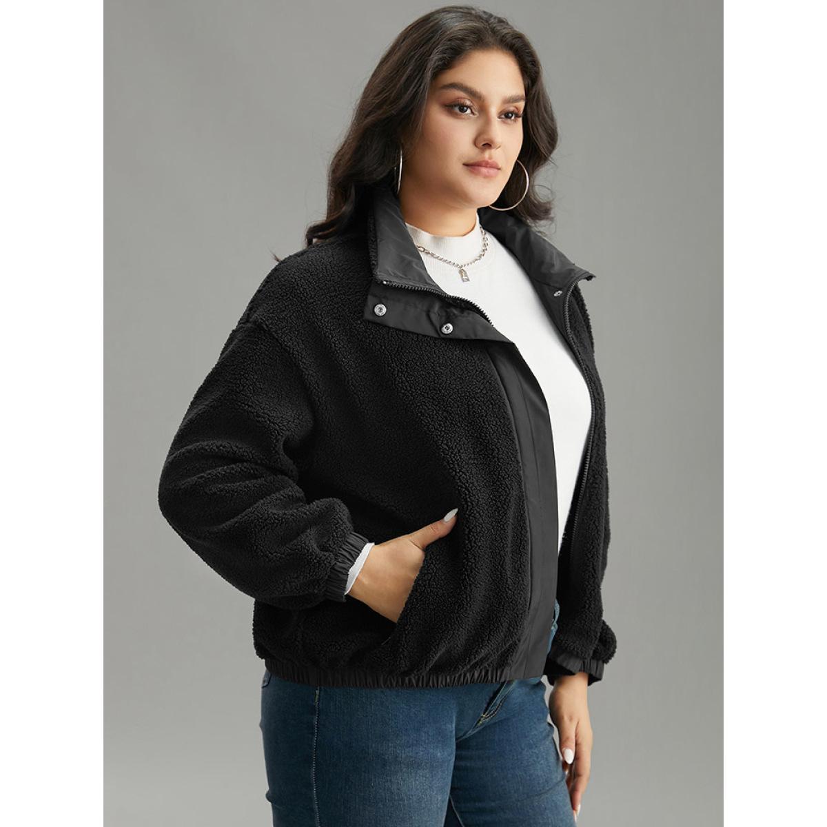 Plus Size Solid Patchwork Button Up Pocket Zipper Jacket Women Black Zipper Pocket Dailywear Jackets BloomChic 12/L Product Image
