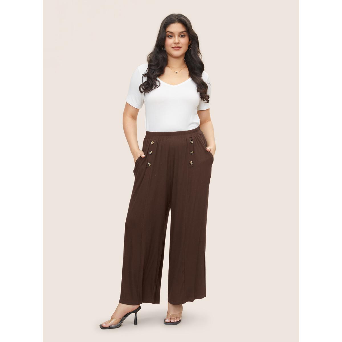 Plus Size Supersoft Essentials Button Detail Wide Leg Pants Women Browncoffeecolor Office Wide Leg High Rise Office Pants BloomChic 18-20/2X Product Image