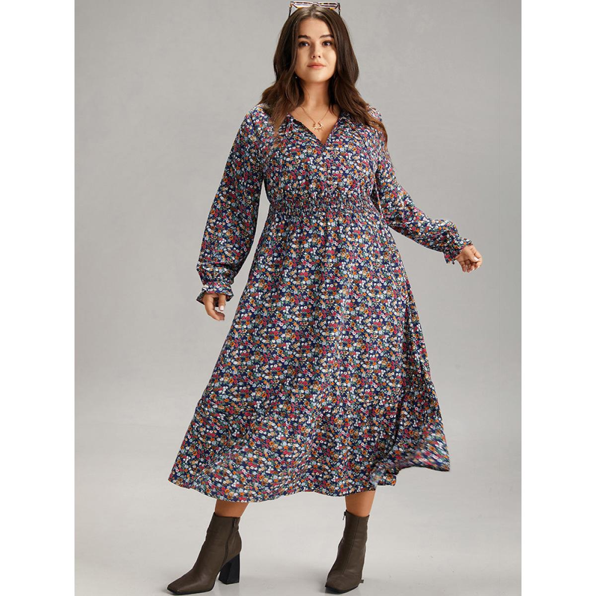 Plus Size Ditsy Floral Shirred Frill Trim Ties Dress DarkBlue Women Elegant Elastic cuffs V-neck Long Sleeve Curvy Midi Dress BloomChic 22-24/3X Product Image