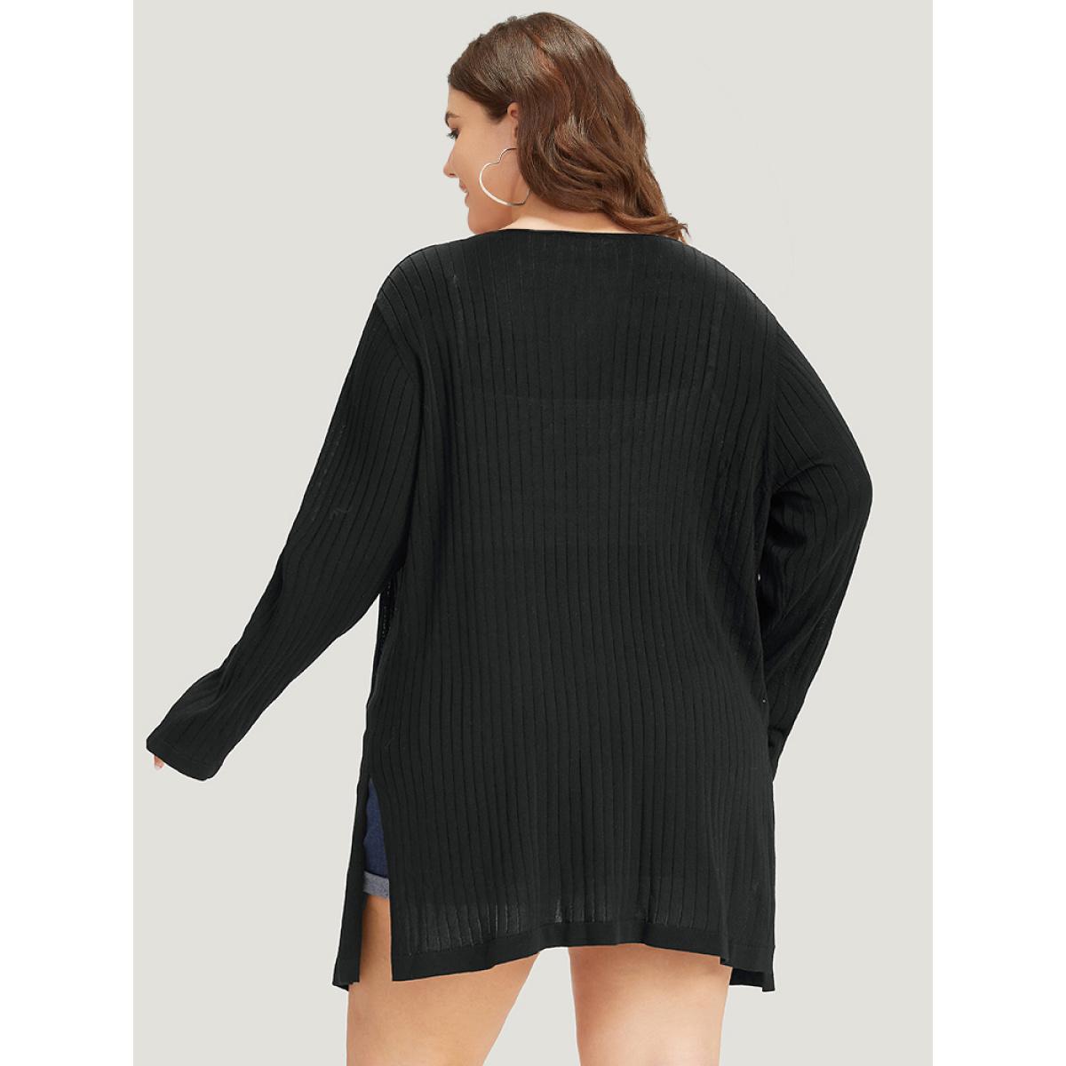 Plus Size Solid Rib Knit Pocket Lightweight Tunic Cardigan Black Women Basics Loose Long Sleeve Everyday Cardigans BloomChic 10/M Product Image