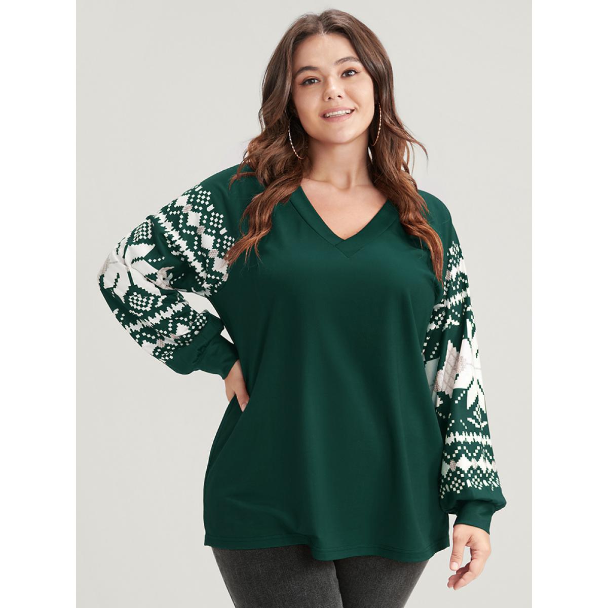 Plus Size Snowflake Print V Neck Drop Shoulder Sweatshirt Women DarkGreen Casual Contrast V-neck Festival-Christmas Sweatshirts BloomChic 26/4X Product Image