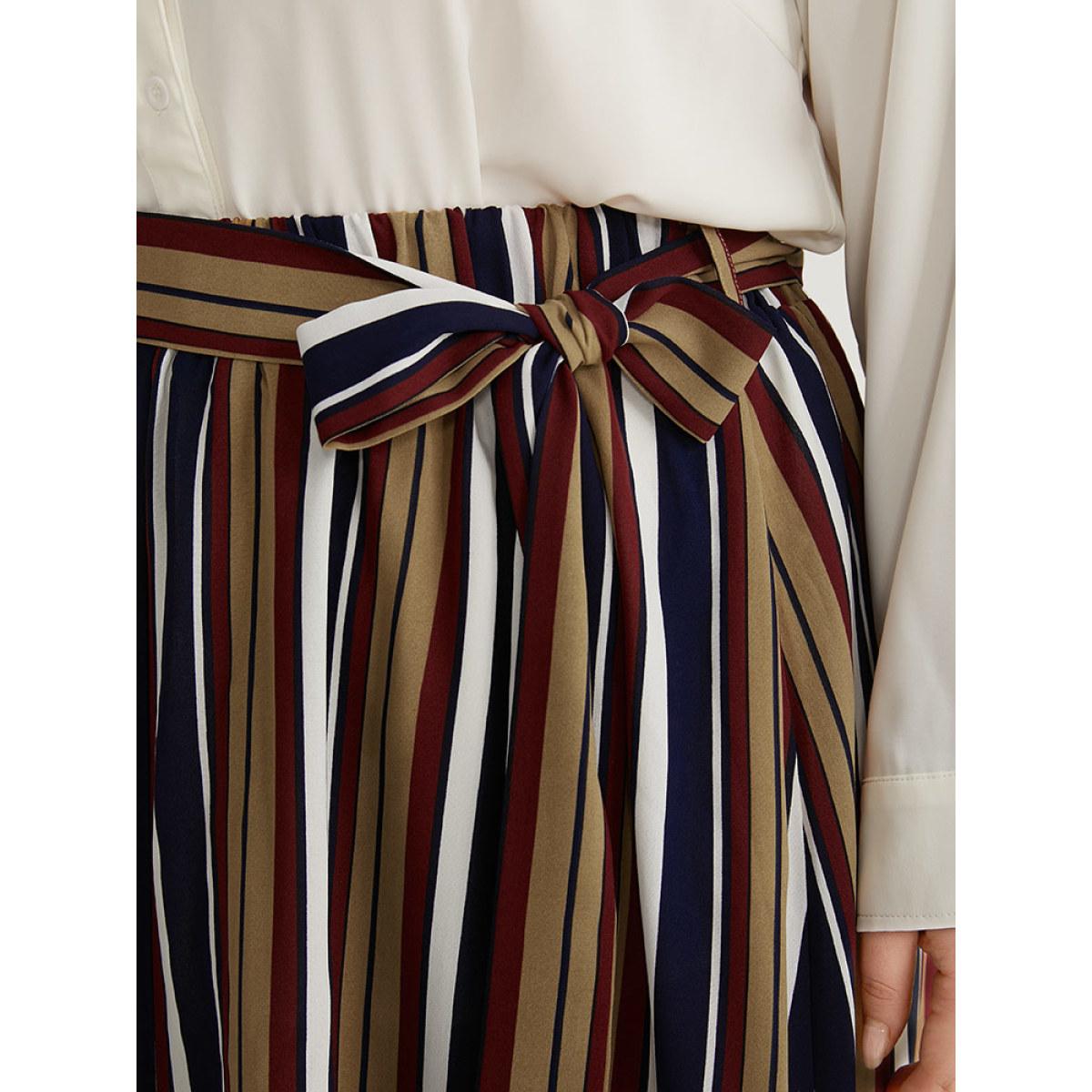 Plus Size Striped Ties Elastic Waist A-line Skirt Women DarkBlue Office A-line Loose No stretch Belt Office Skirts BloomChic 30/6X Product Image