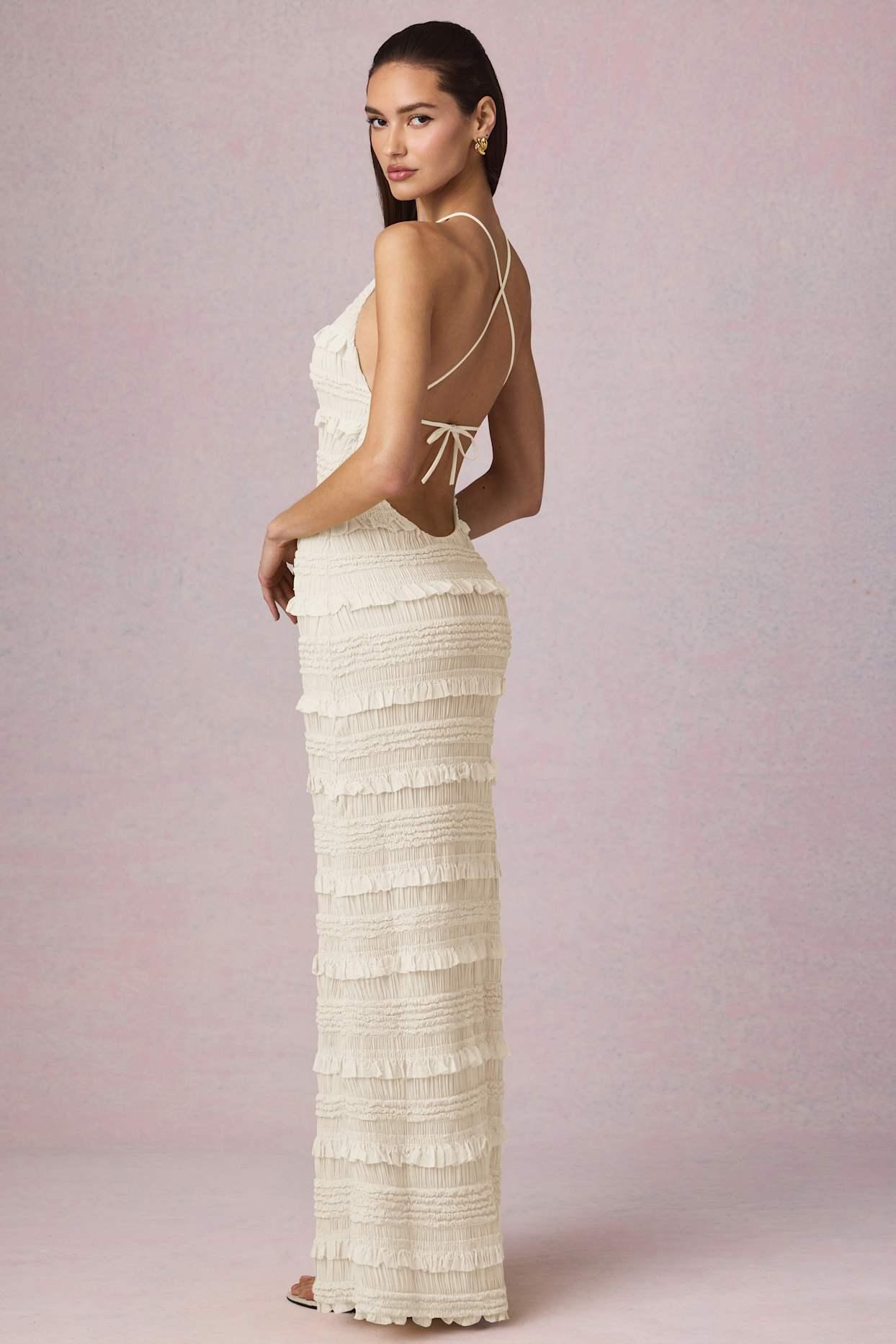Ruffled Backless Halterneck Maxi Dress in Ivory Product Image