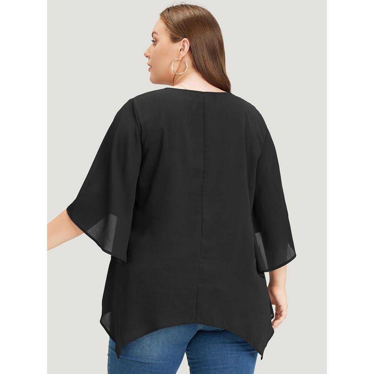 Plus Size Black Plain Mesh Flutter Sleeve Hanky Hem Blouse Women Office Elbow-length sleeve Round Neck Dailywear Blouses BloomChic 14-16/1X Product Image